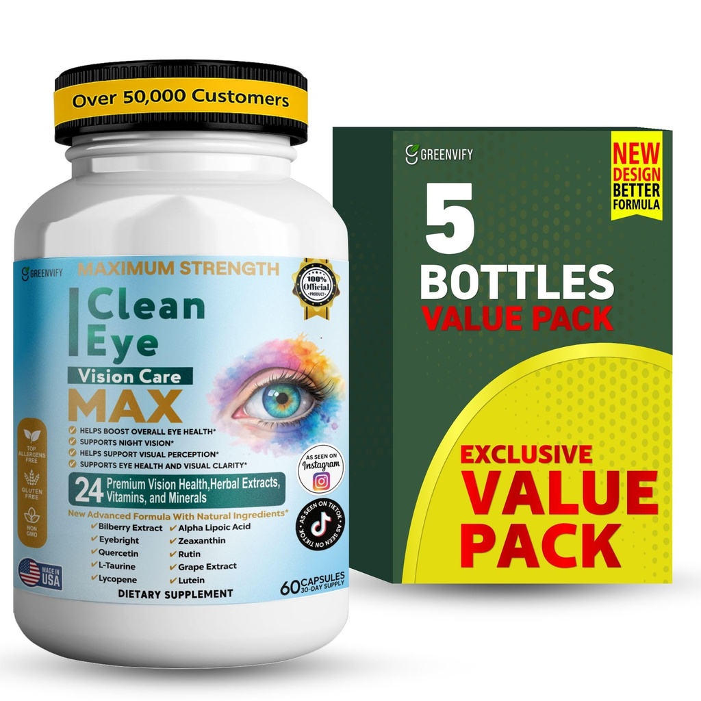 Clean Eye Vision Care MAX, 24 Vitamins and Minerals, Lutein, Bilberry Extract, 60 Capsules (1)