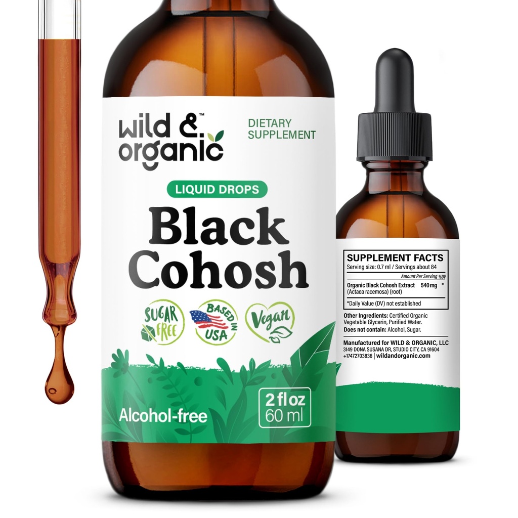 Wild & Organic Black Cohosh Tincture - Menopause Supplements Women - 2 oz | Menopause Supplements for Women - Black Cohosh Supplements - 540 mg Black Cohosh Root Extract Tincture - No Sugar, No Alcohol