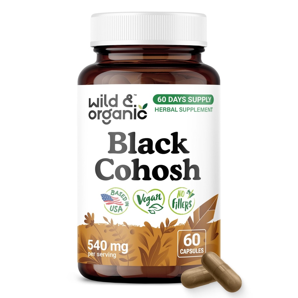 Wild & Organic Black Cohosh Capsules 540 mg - Menopause Support - 60 Count | Black Cohosh Root Supplement - Actaea Racemosa Herb - 60 Days of Supply - Vegan, No Fillers, No Artificial Additives