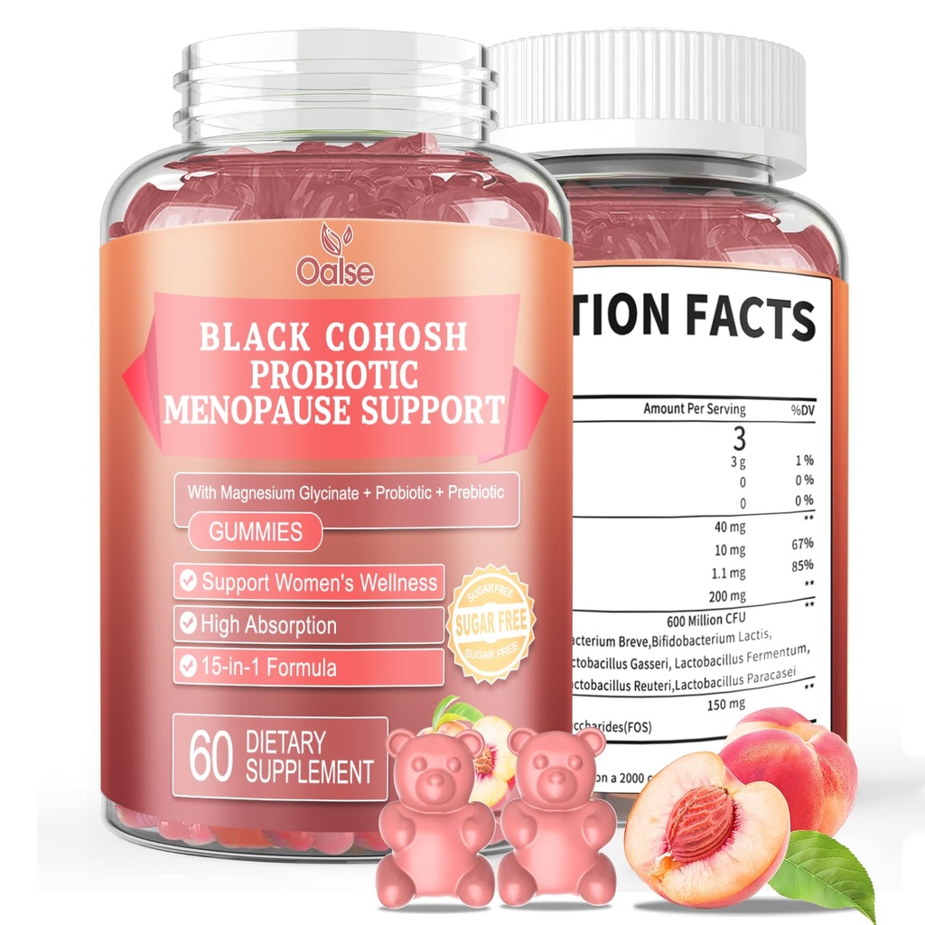 120 Count Menopause Supplement for Women, Sugar Free Black Cohosh Gummies | with Magnesium, Vitamin E, Probiotic & Prebiotic - Hot Flashes* and Night Sweats* Relief Supplements - Vegan, Peach Flavor