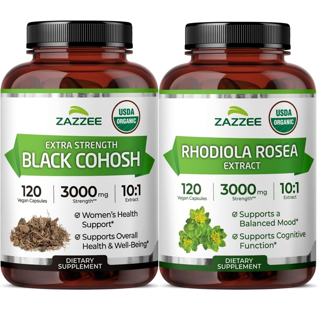 Zazzee Organic Rhodiola Rosea and Organic Black Cohosh Capsules | Rhodiola Plus Black Cohosh for Menopause Hot Flashes Night Sweats & Mood Support | Menopause Support Bundle