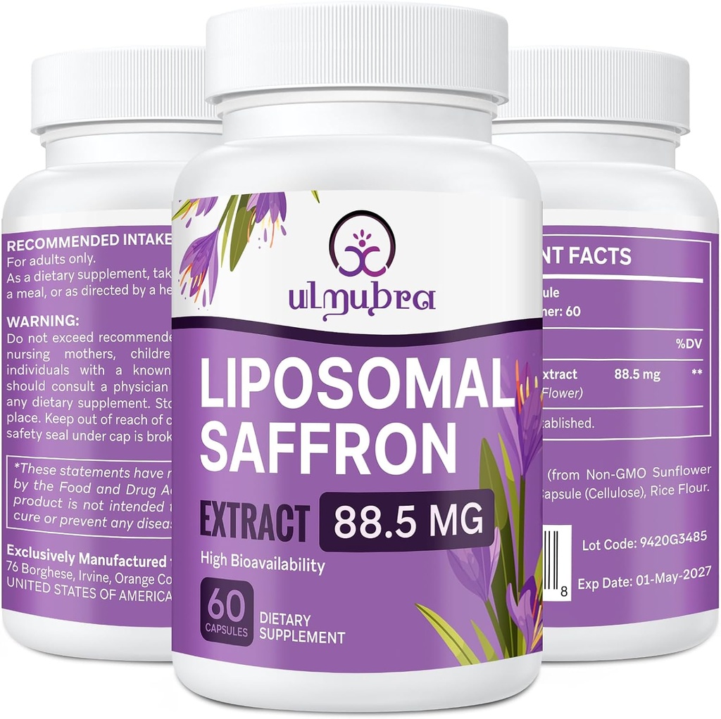 Liposomal Saffron Supplements 88.5 mg, Maximum Absorption, 100% Pure Saffron Extract Capsules for Mood, Energy, Vision & Focus - 60 Vegan Capsules