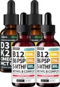 NUSAVA (2-Pack) Methylated B Complex Liquid Drops Raspberry and (2-Pack) Organic Vitamin D3 K2 Drops with MCT Oil Omega 3 - Sublingual Vitamin B12 5000mcg and Liquid D3 5000 IU for Daily Wellness