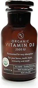 Movita Certified Organic Vitamin D3 2500IU – Υποστηρίζει την ενέργεια, την ανοσοποιητική υγεία και τη δύναμη των οστών – Ζυμωμένα ολόκληρα τρόφιμα, οργανικά, Vegan, χωρίς γλουτένη, μη GMO – 30-Ημέρα προμήθεια (Γυάλινο μπουκάλι)