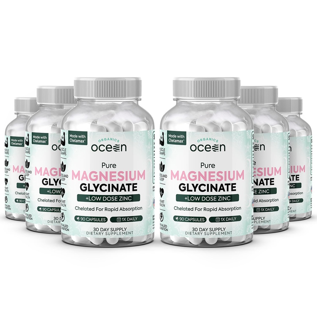 Οργανικά Ocean Pure Magnesium Glycinate with Zinc - Maximum Strength Chelated Magnesium Supplement for Women and Men for Muscle Cramps and Sleep Support - 6 Μπουκάλια