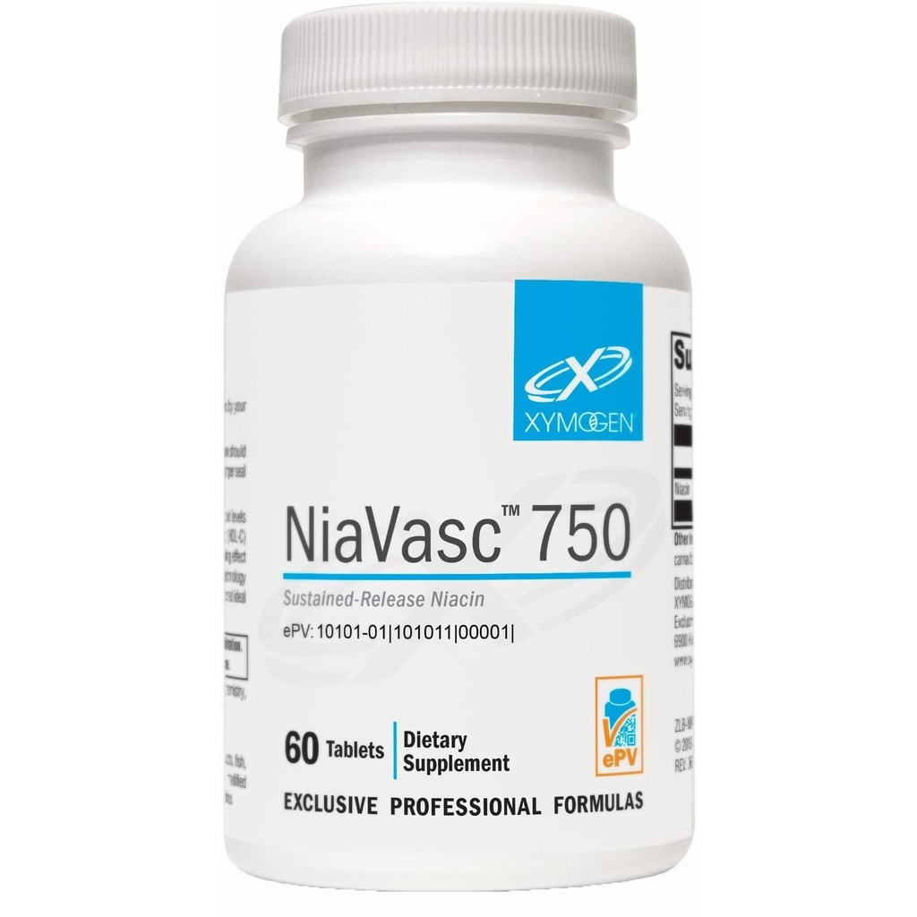 XYMOGEN NiaVasc - Sustained-Release 750 mg Niacin - Supports Healthy Blood Lipids & Normal Carotid Intima-Media Thickness - Vegetarian, Non-GMO & Gluten Free - 60 Capsules | Sustained-Release 750 mg Niacin, Supports Healthy Blood Lipids and Normal Carotid Intima-Media Thickness, Vegetarian