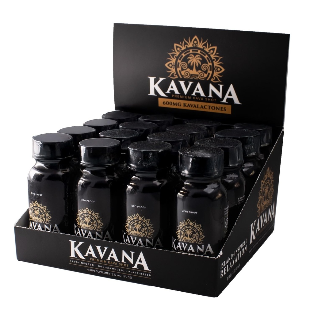Kavana Kava Shots - Made in USA, 4X Concentrated Non-Alcoholic Drinks & Sugar-Free Kava Root Drink, Plant-Based Alternative with Natural Citrus Flavor, Smooth Mocktails Botanical Spirit, 16 Pack