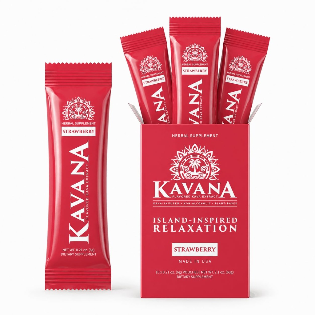 Kavana Instant Kava Drink Mix - Instant Kava Powder Stick Packs with 30% Kavalactones Extract, 10 Single-Serve Pouches - Herbal, Non-Alcoholic, Sugar-Free, Plant-Based, Made in USA - Strawberry