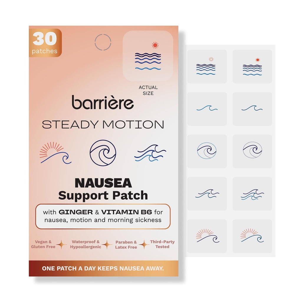barrière Steady Motion Nausea Patches with Vitamin B6 & Ginger - 30-Pack | Wearable Travel Comfort Patches for Car Rides, Flights, Boat Days & Road Trips | Vegan, Filler & Latex-Free Paraben-Free