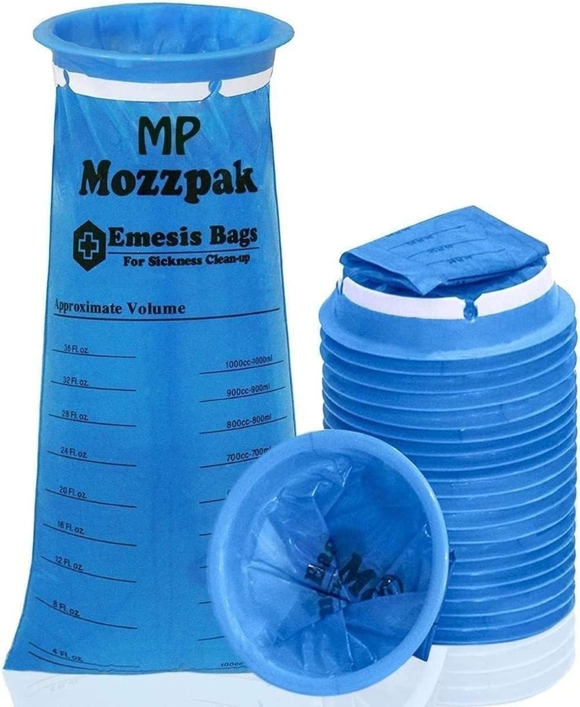 MP MOZZPAK Vomit Bags Disposable 24 Pack - 1000ml Emesis Bags, Leak-Proof Barf Bag, Travel Friendly Puke & Nausea Bag for Motion Sickness, Medical Grade Throw up Relief for Car, AirPlane, & Road Trip