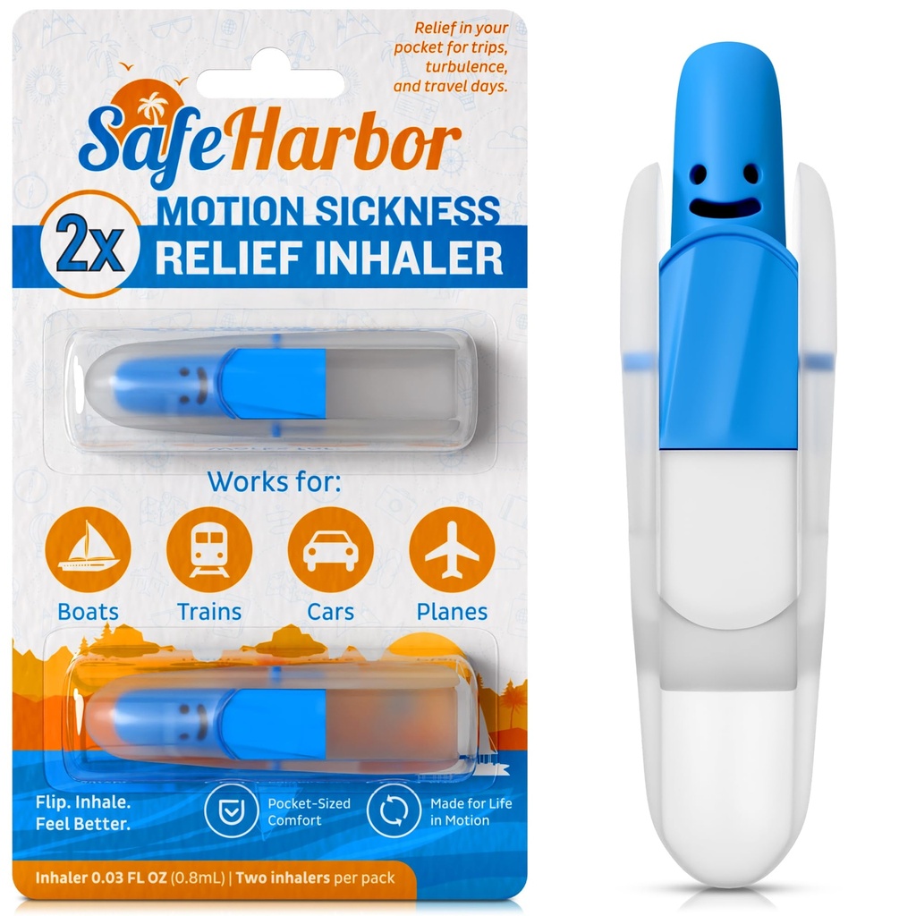 SafeHarbor Motion Sickness Relief Inhaler, 2-Pack | Natural, Non-Drowsy Nausea Stick for Travel (Car, Plane, Boat, Cruise) | Peppermint Essential Oil Nasal Aromatherapy Inhaler