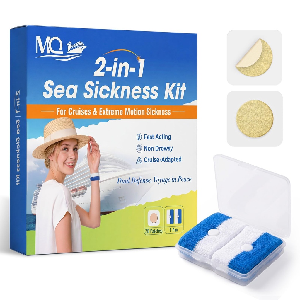 MQ 28ct Sea Sickness Patches & 1Pair Bracelets, Motion Sickness Wristbands for Cruise & Flight, Travel Essentials Non-Drowsy, Effective, Long-Lasting