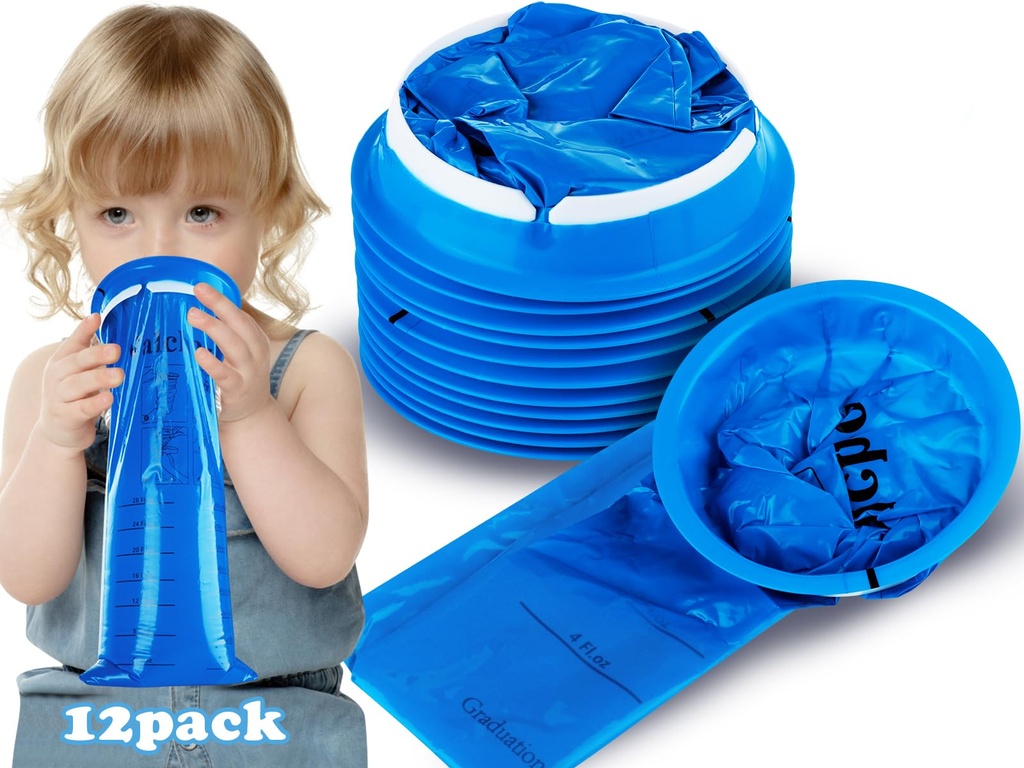Valchoose 12 Pack Kids Vomit Bags Disposable, 800ml Leak-Proof Emesis Bags | Hospital Grade Motion Sickness Bags for Car Kids Lifesaver, Portable Puke Bags for Car Sick, Chemo, Road Trip, AirPlane（Blue）