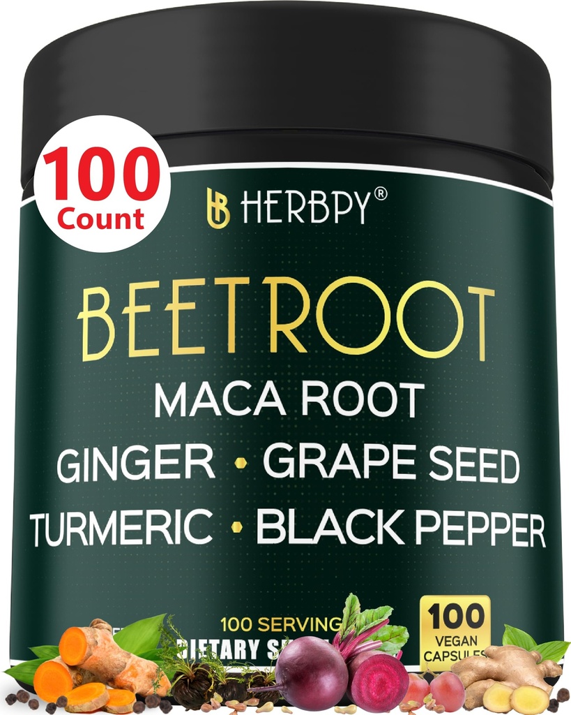 6in1 Beetroot Supplement with Maca Root, Grape Seed, Ginger, Turmeric και Black Pepper for Heart Health & Immune Support - 100 Vegan Κάψουλες