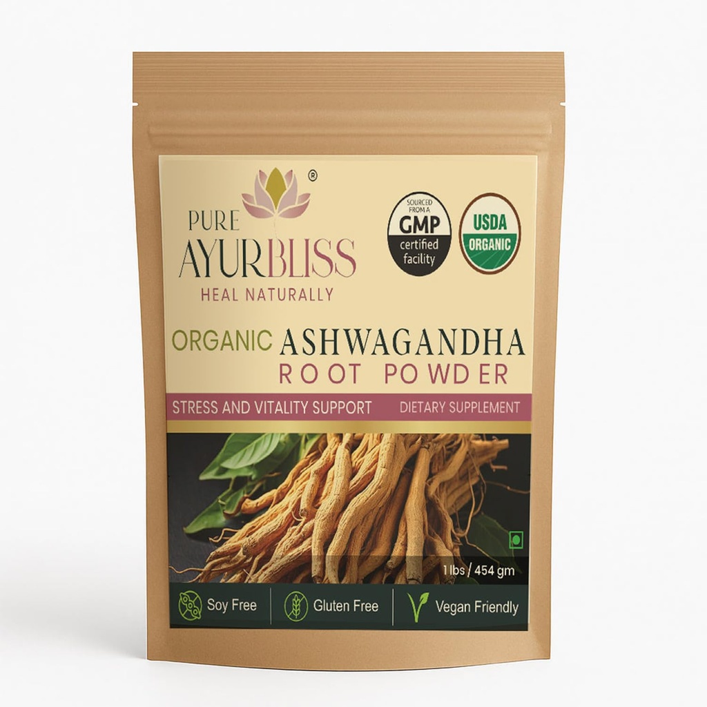 100% Organic Ashwagandha Powder, Ayurvedic Blend for Stress Relief, Energy and Hormone Balance, Supports Digestion, Vitality and Cortisol Care - 16oz