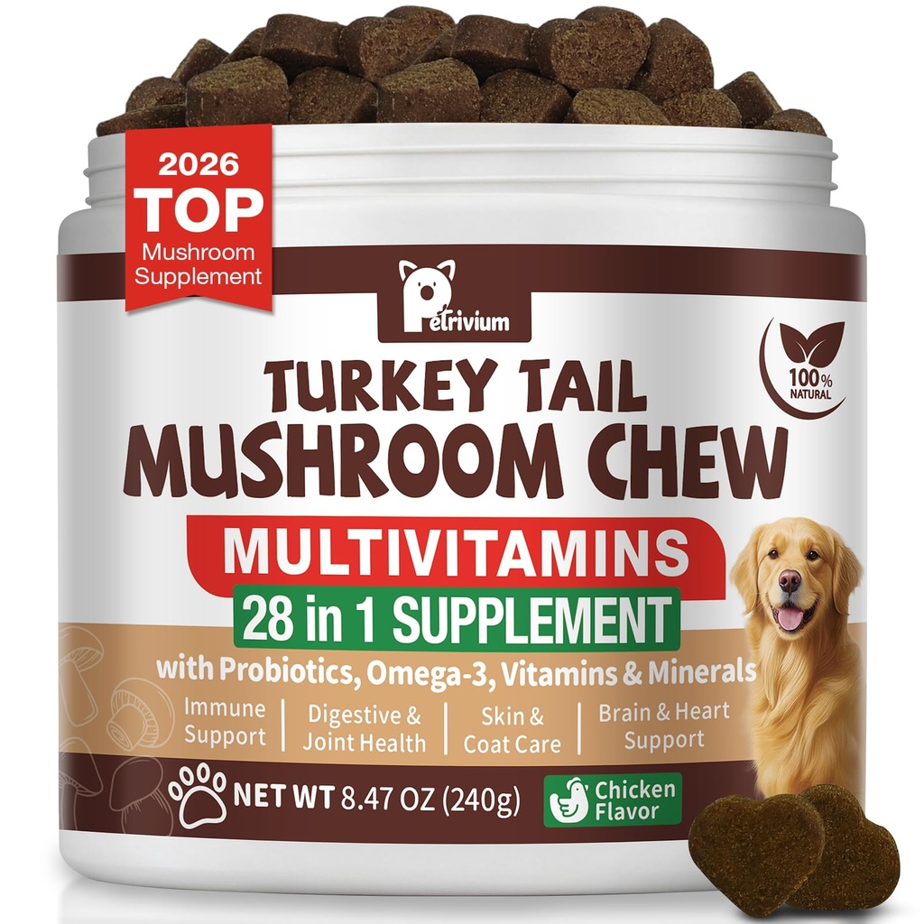 Turkey Tail Mushroom for Dogs with Probiotics - Mushroom Supplement for Dogs Lumps and Bumps, Reishi, Lion's Mane - Immune Boost, Gut Health, Lipoma, Joint & Skin Support Multivitamin, 120 Chews
