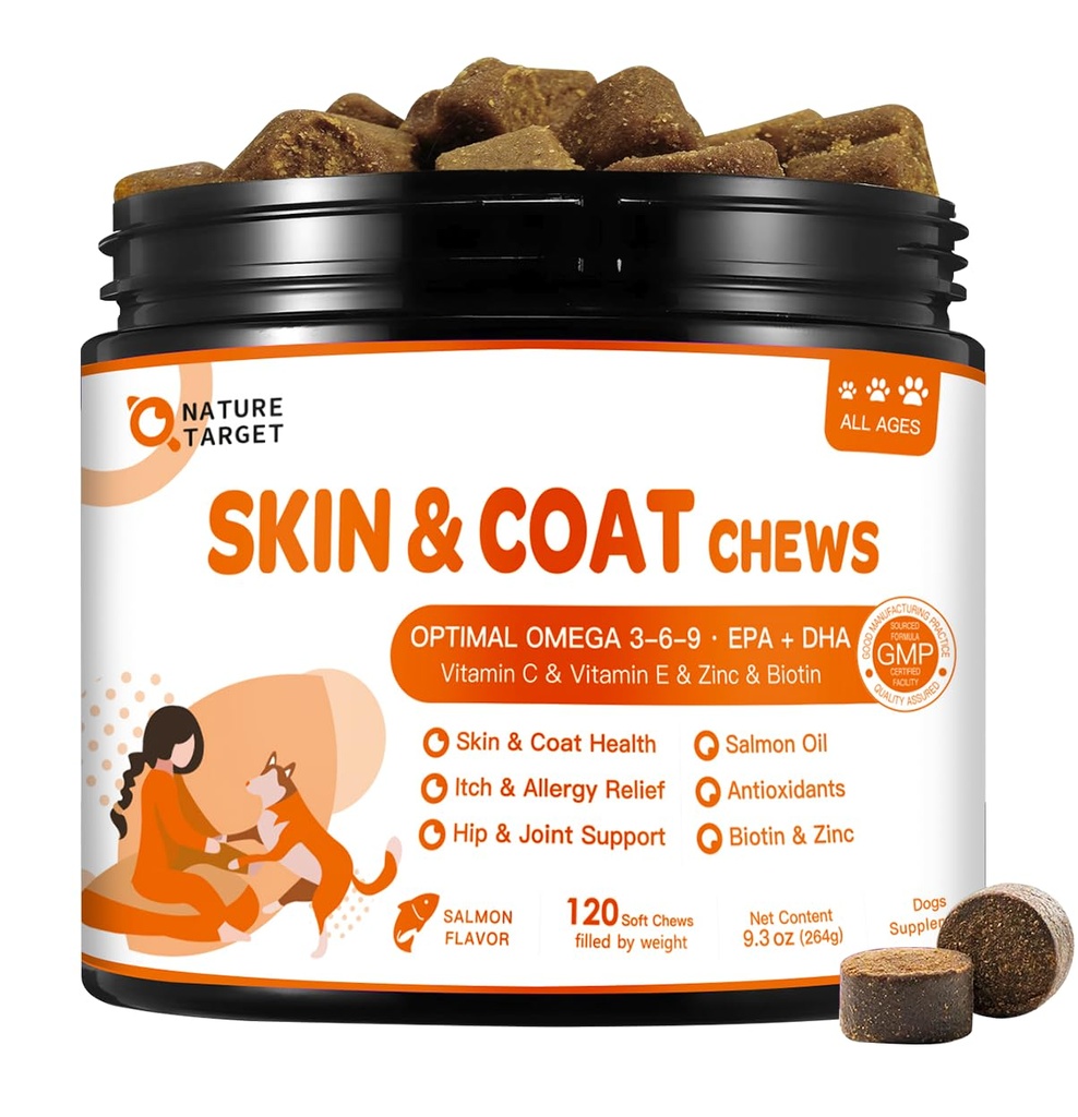 Natural Target Omega 3 Fish Oil for Dogs, 120 Salmon Flavored Soft Chews | Salmon Oil Skin and Coat Supplement for Itchy Skin Relief with Omega 3-6-9 (EPA & DHA), Zinc, Biotin and Vitamin E & C
