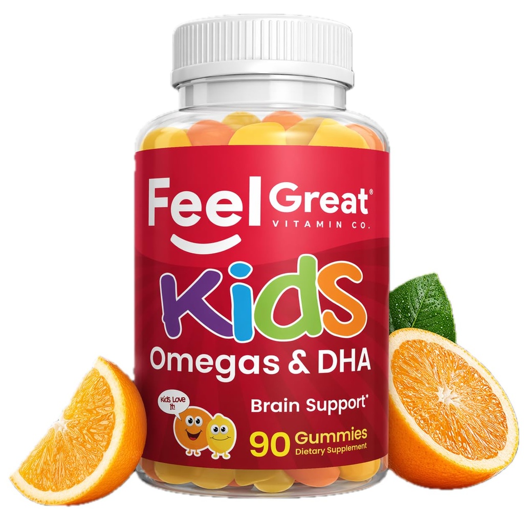 Feel Great Vitamins Omega 3 for Kids | DHA Gummies for Kids with Plant-Based Omega 3 6 9 + Vitamin C | Supports Brain, Vision & Heart Health | Vegetarian, No Fishy Taste | 90 Gummies