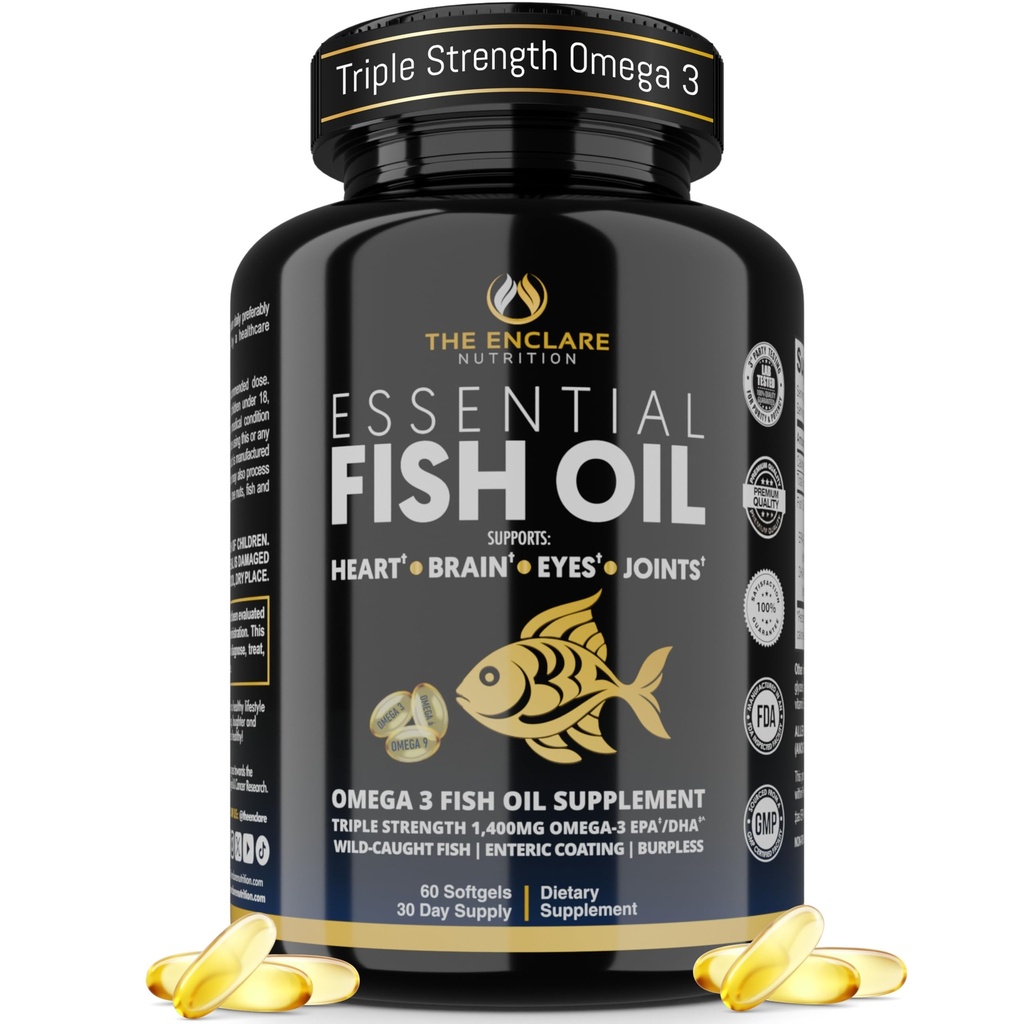Fish Oil Supplement Omega 3 for Women & Men – Triple Strength 1,400mg Omega-3 EPA/DHA - Burpless Wild-Caught Omegas 3-6-9 for Heart, Brain, Eye & Joint Support – 60 Softgels