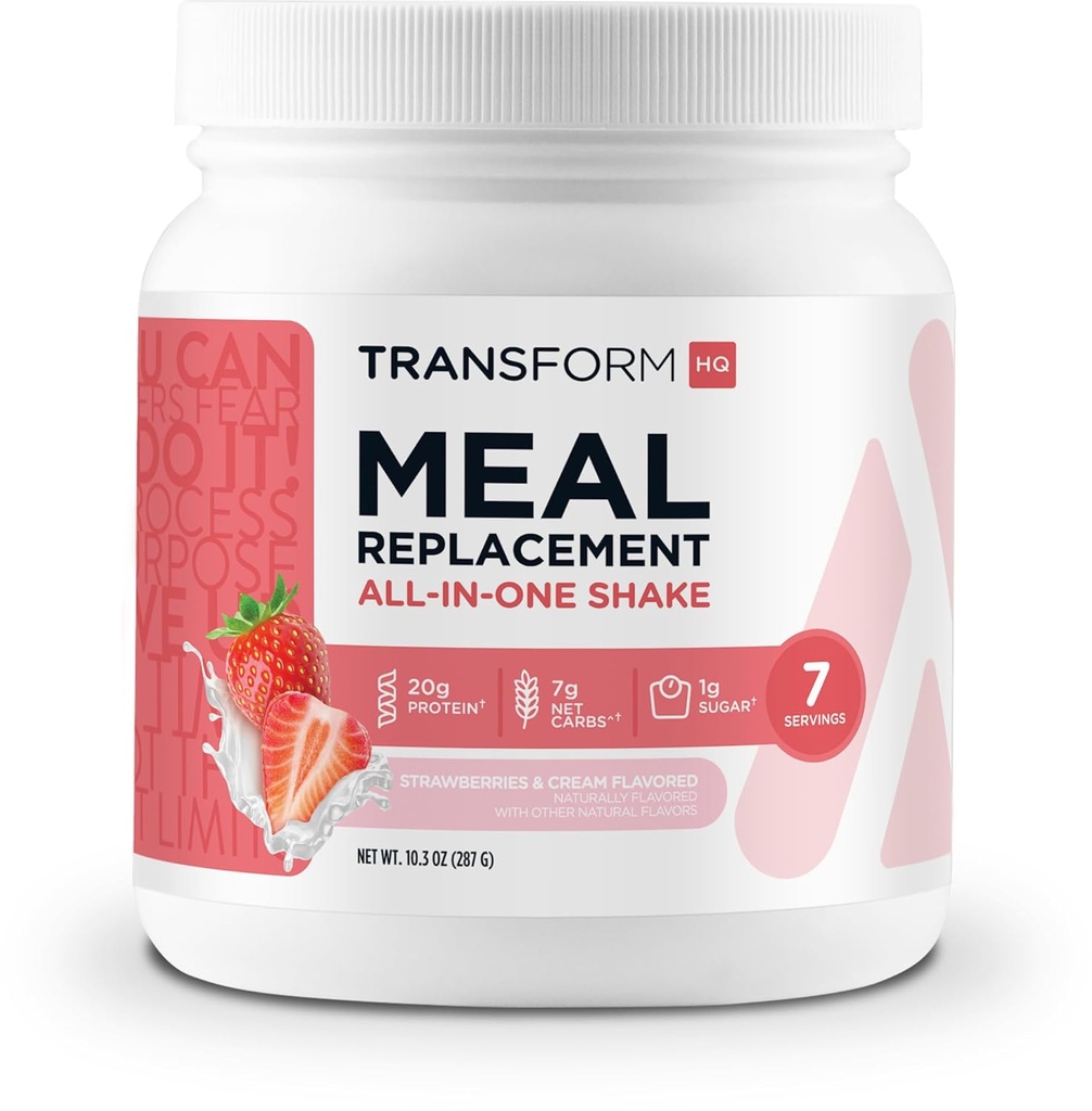 TransformHQ Replacement Meal Shake Powder 7 σερβιρίσματος (Strawberry & Cream) - Χωρίς γλουτένη, μη ΓΤΟ
