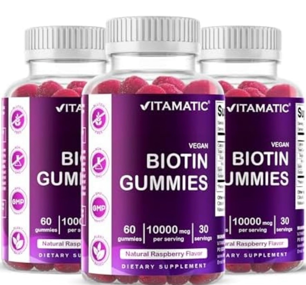 Vitamatic Biotin Gummies 10.000 mcg για ισχυρότερα μαλλιά, δέρμα & νύχια - 60 Vegan Gummies - Επίσης ονομάζεται βιταμίνη B7 (3 μπουκάλια)