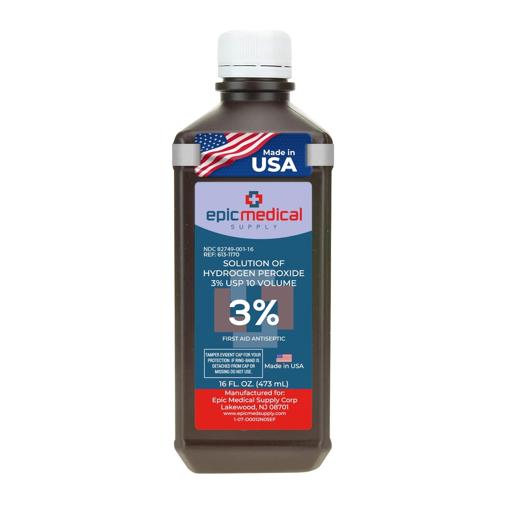 Epic Medical Supply H2O2 Hydrogen Peroxide Solution 3% USP - 16 oz, First Aid Antiseptic & Multipurpose Cleaner - Hydrogen Peroxide Mouthwash, Topical Wash for Cuts & Scrapes - 16oz (Pack of 1)