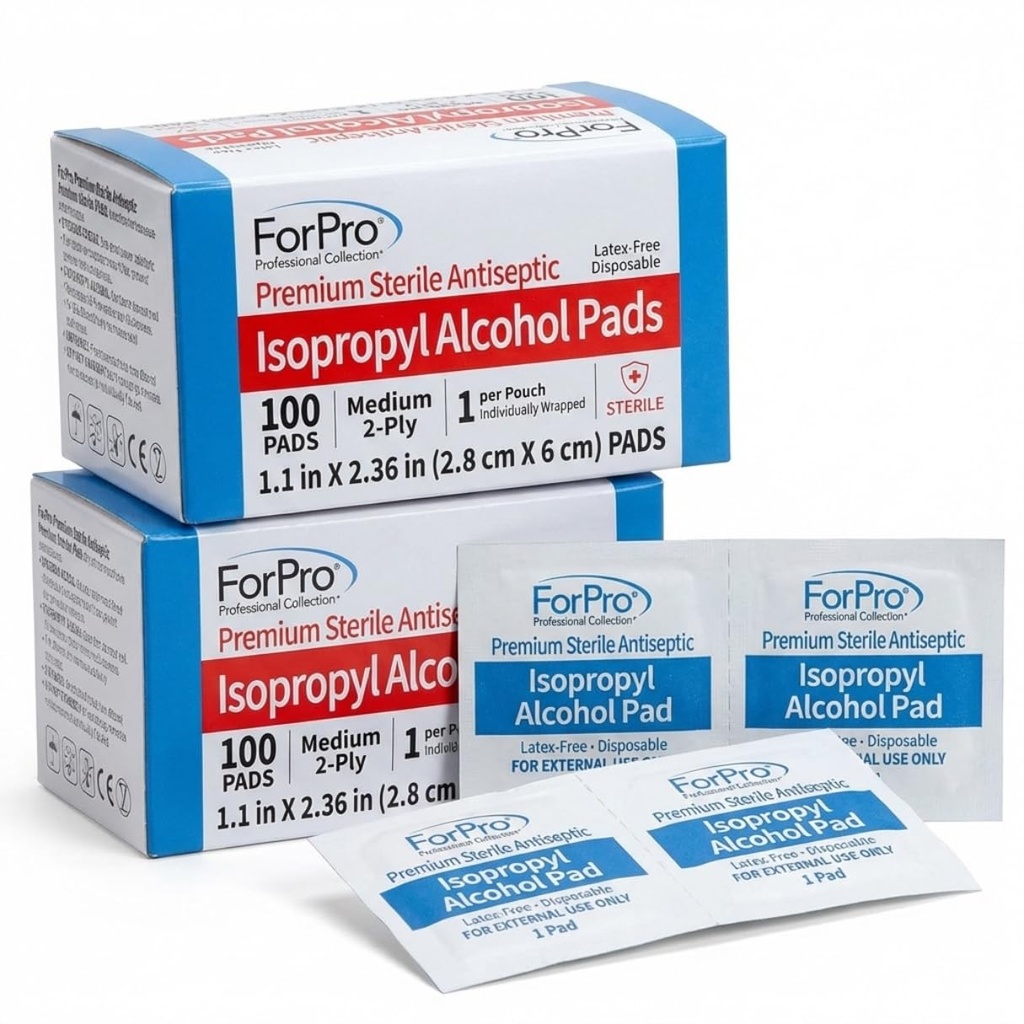 ForPro Alcohol Prep Pads, 200-Count Sterile Alcohol Wipes Individually Wrapped, 70% Isopropyl, Medium 2-Ply Medical Grade Antiseptic Pads, Latex-Free, First Aid & Injection Prep, Gamma Sterilized