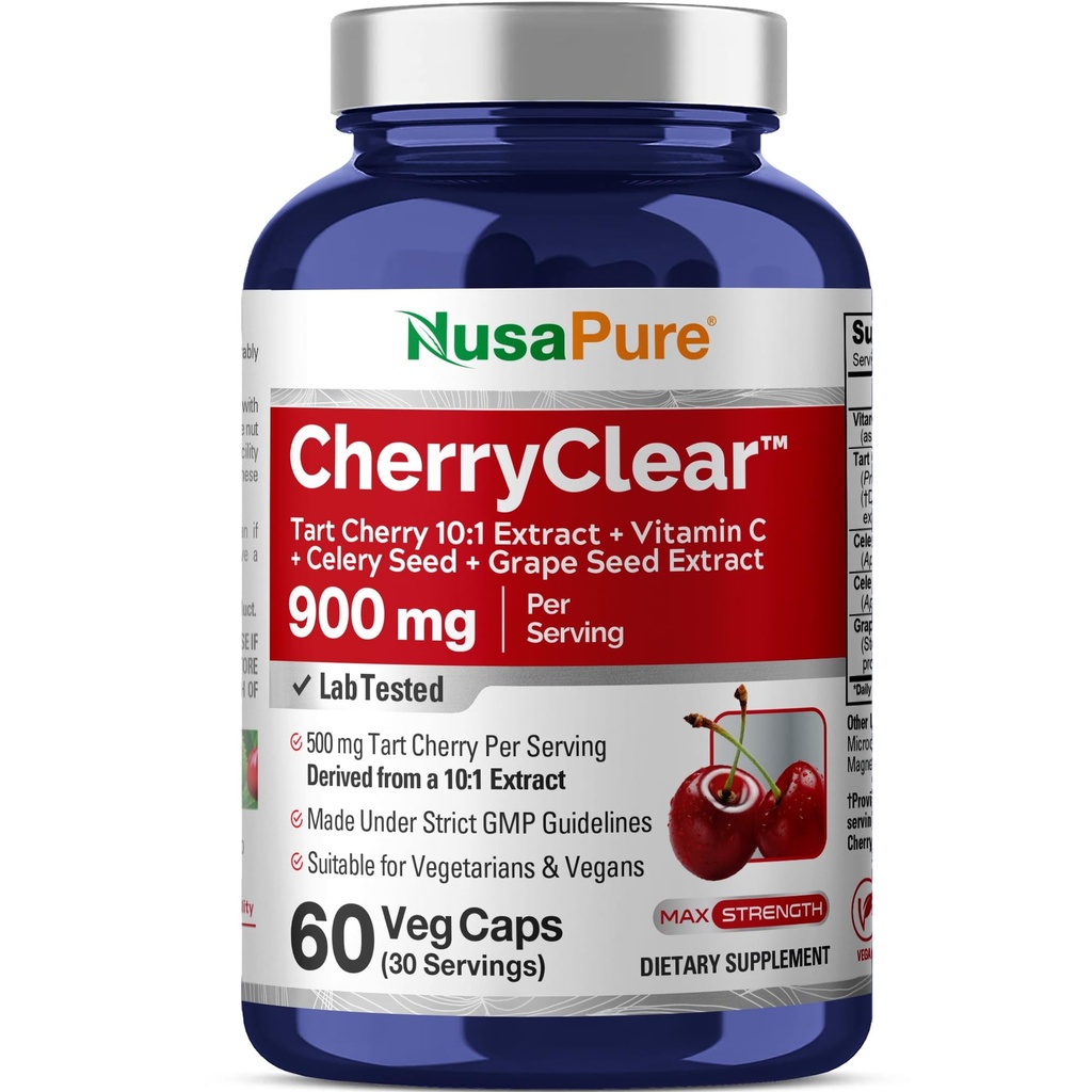 CherryClear Tart, Non-GMO, Vegan, 900mg, 60 Capsules - 30 Servings | Herbal Formula, Prunus Cerasus Fruit 10:1 Extract, Suitable for Adults, Manufactured in a cGMP Registered Facility USA