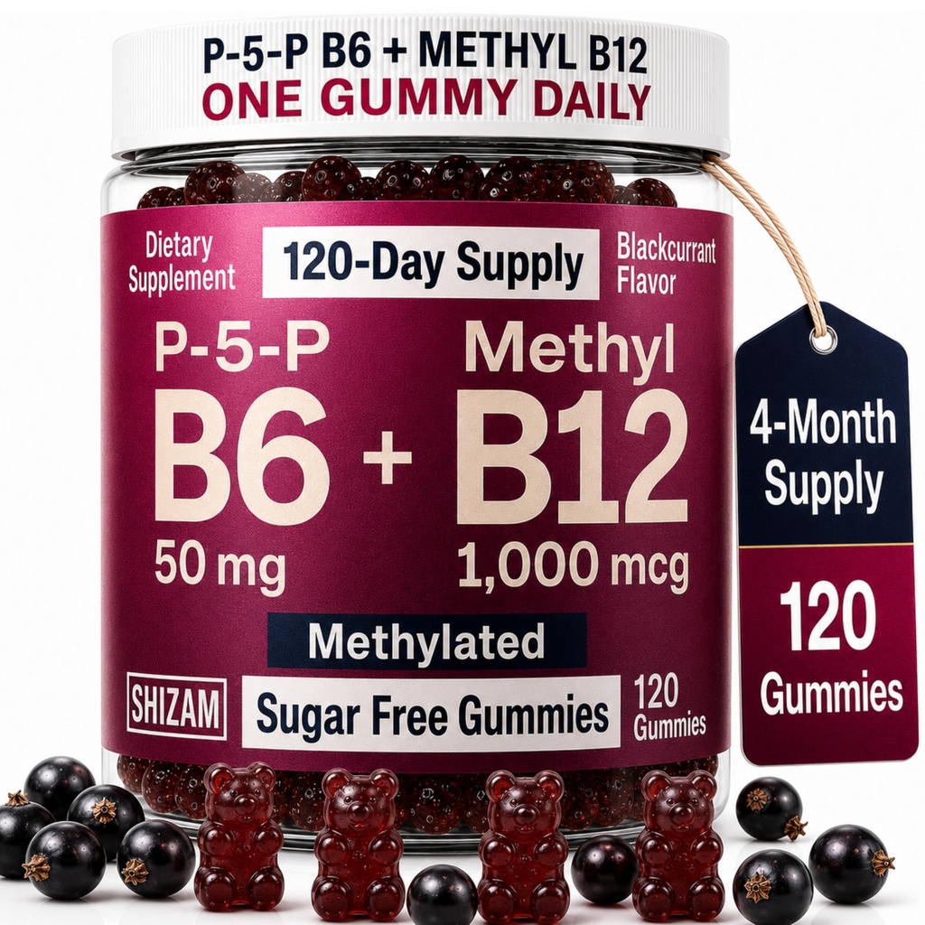 SHIZAM Vitamin B6 P-5-P 50 mg + Methyl B12 1,000 mcg Gummies, Sugar Free | 120 Count, One Gummy Daily, 120-Day Supply, Blackcurrant Flavor, Vegan Pectin, Gelatin Free, Stevia and Monk Fruit