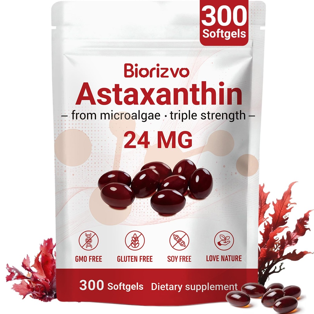 Astaxanthin Supplements 24mg – 300 Softgels Max Strength Antioxidant Supplements with MCT Oil, Ashwagandha, Supports Skin, Heart & Immune Function, Healthy Aging, Fresh Microalgae Source