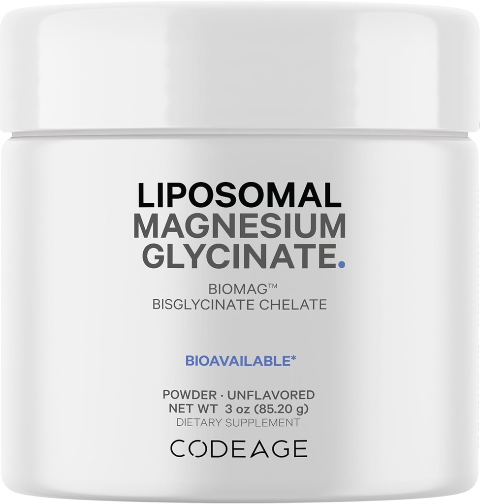 Συμπληρώματα σκόνης μαγνησίου Codeage Glycinate, 2-Month Supply, Διγλυκινικό Χηλικό μαγνήσιο, Άγευστο, Λιποσωμική Παράδοση, Χηλικό μαγνήσιο Ορυκτό σκόνης, μη ΓΤΟ Vegan, 3 oz