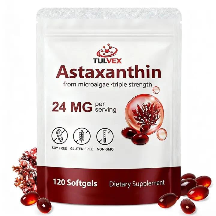 Astaxanthin 24mg, Triple Strength Astaxanthin Supplements, Fresh Microalgae Source, Antioxidant Supplement Supports for Eye & Skin Health, Non-GMO & Gluten Free, 120 Softgels, 2 Month Supply