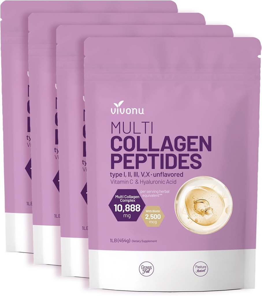 VivoNu Multi Collagen Peptides Powder, 16 Oz Hydrolyzed Protein Peptides | Type I,II,III,V,X with Hyaluronic Acid, Biotin & Vitamin C Unflavored Keto Paleo Friendly, Ez Mix in Drinks (4LB/4Pack)