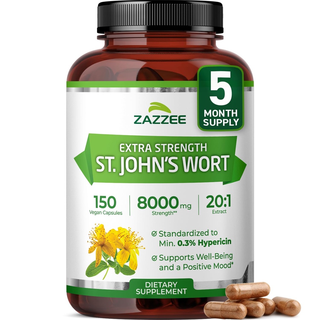 Zazzee Extra Strength St. John’s Wort 20:1 Extract, 0.3% Hypericin, 150 Vegan Capsules, 5 Month Supply, Hypericum Perforatum, Mood & Emotional Wellness Support, Herbal Supplement, Non-GMO, Made in USA