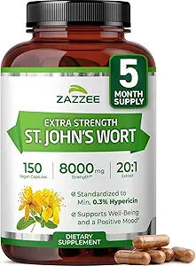 Zazzee Extra Strength St. John’s Wort 20:1 Extract, 8000 mg Strength, 0.3% Hypericin, 150 Vegan Capsules, 5 Month Supply, Concentrated, Standardized 20X Extract, 100% Vegetarian, Non-GMO, All-Natural