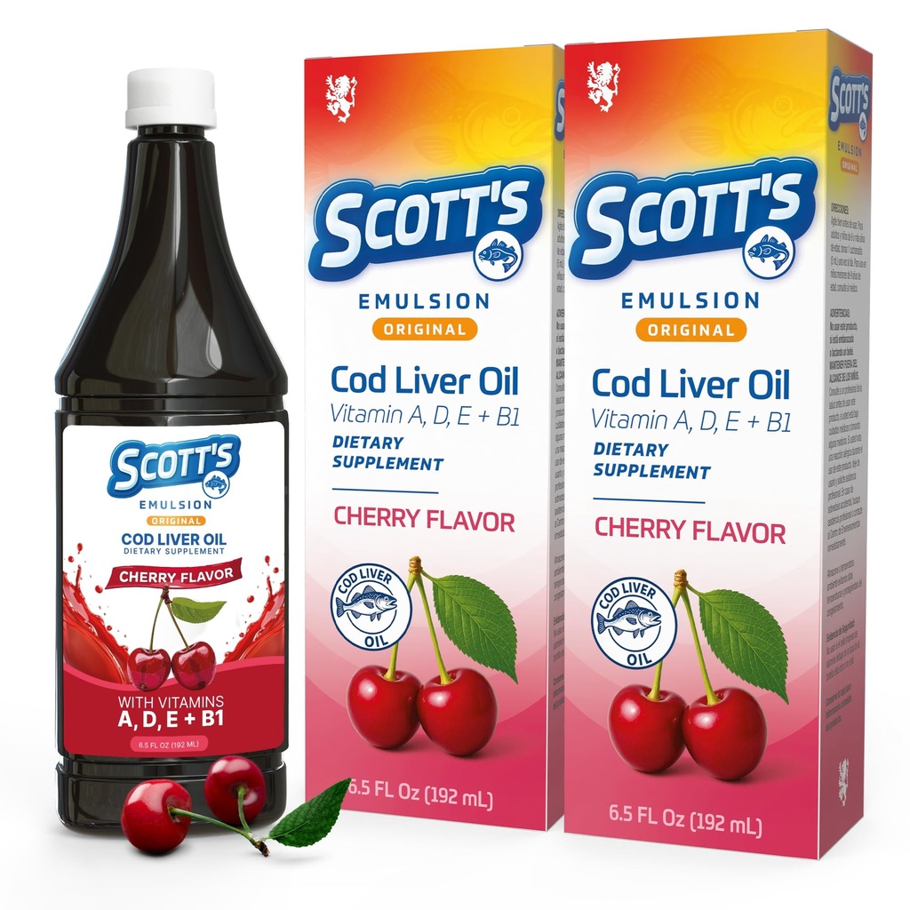 SCOTT'S EMULSION Cod Liver Oil | Cherry | Immune Support | 6.5oz 2-Pk | Omega 3 & vitamins A+D for growth, immunity & bone health, easy-to-take fish oil