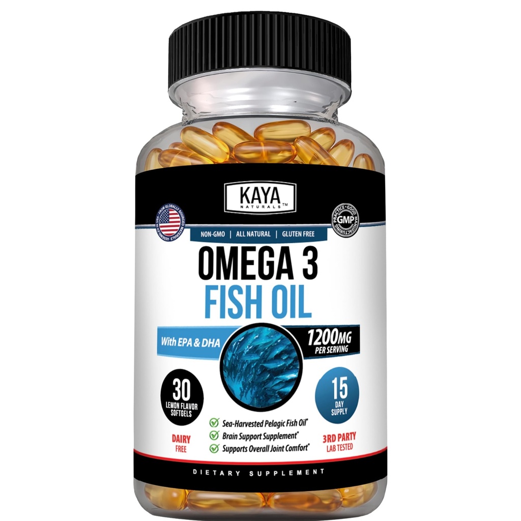 Kaya Naturals Omega 3 Fish Oil Supplement, 30 Count Softgels | Nature Made Omega-3 Fish Oil Supplement with EPA & DHA, Sea-Harvested Pelagic Fish Oil, No Fishy Aftertaste