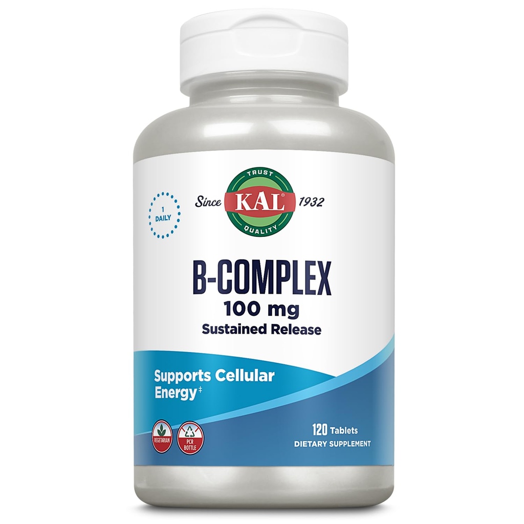 KAL B-100 Complex - Συγκρότημα βιταμίνης Β παρατεταμένης απελευθέρωσης - Υγιής Ενεργειακή Υποστήριξη με Βάση Φυσικής Υποστήριξης και Φρέσκα Επιχρίσματα Μίνυ - Χορτοφαγικά - Εγγύηση 60 ημερών - 120 Μερίδες, 120 Δισκία