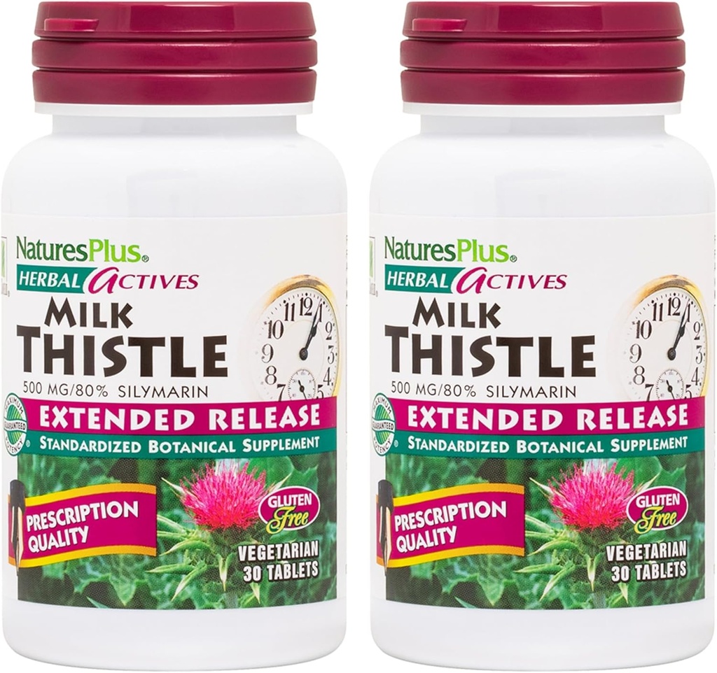 NaturesPlus Herbal Actives Milk Thistle, Extended Release - 30 Tablets, Συσκευασία των 2 - Χορτοφαγικά, Χωρίς Γλουτένη - 60 Σύνολο Σερβιέτες