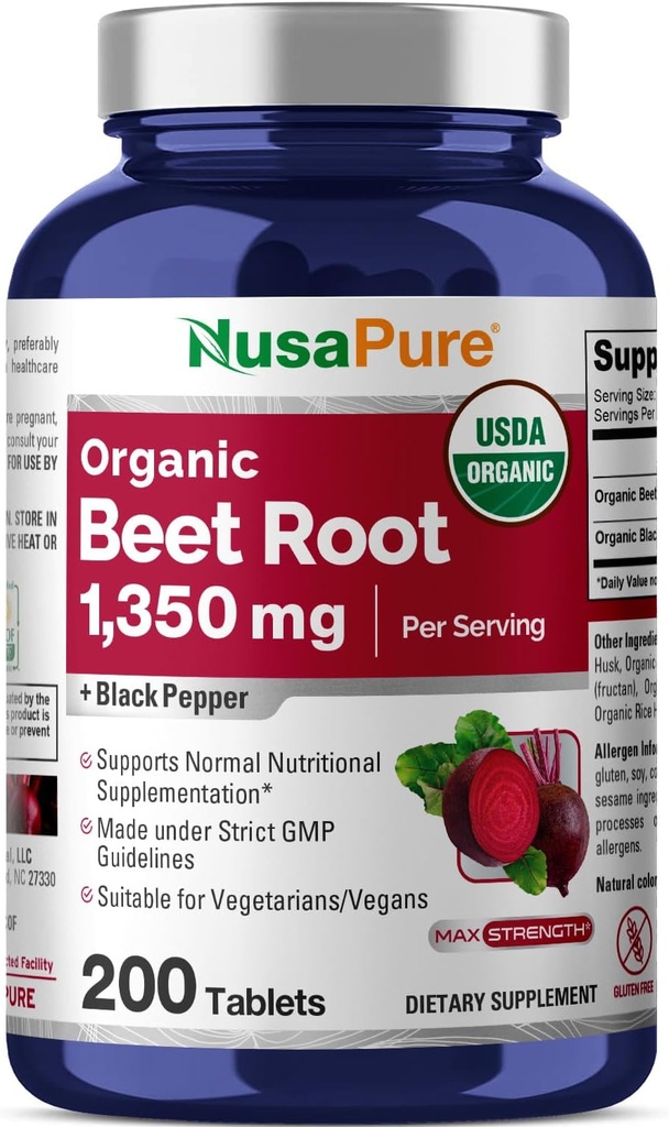 NusaPure Beet Root 1.350 mg 200 Βιολογικά Δισκία (Χορτοφάγα, USDA, Μη ΓΤΟ & Χωρίς Γλουτένη) Μαύρο Πιπέρι