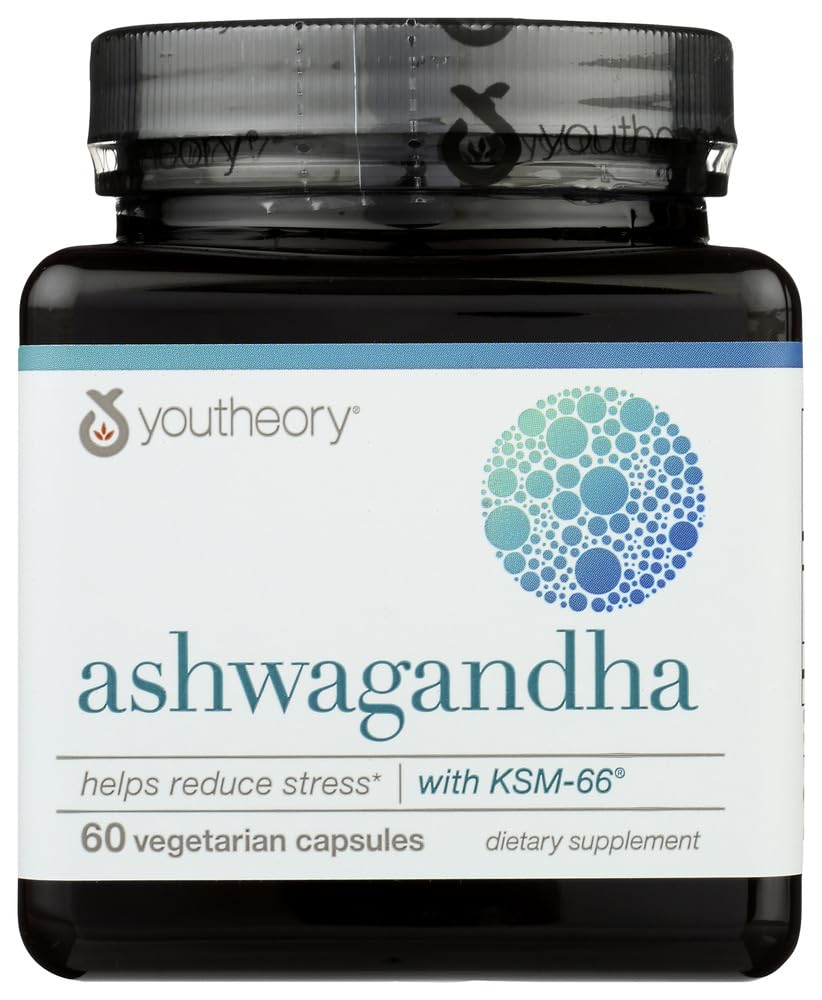 Youtheory Ashwagandha Dietary Supplement, Helps Reduce Stress, Gluten Free, 60 Vegetarian Capsules (Pack of 1)