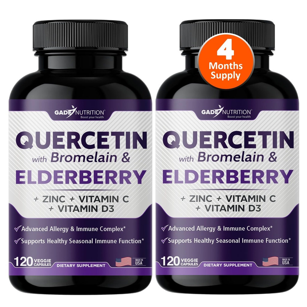 Gade Nutrition Quercetin with Bromelain Elderberry Vitamin C and Zinc | Sambucus Immune Support Supplement 500mg Capsules | Gluten-Free | Made in USA | 4 Month Supply
