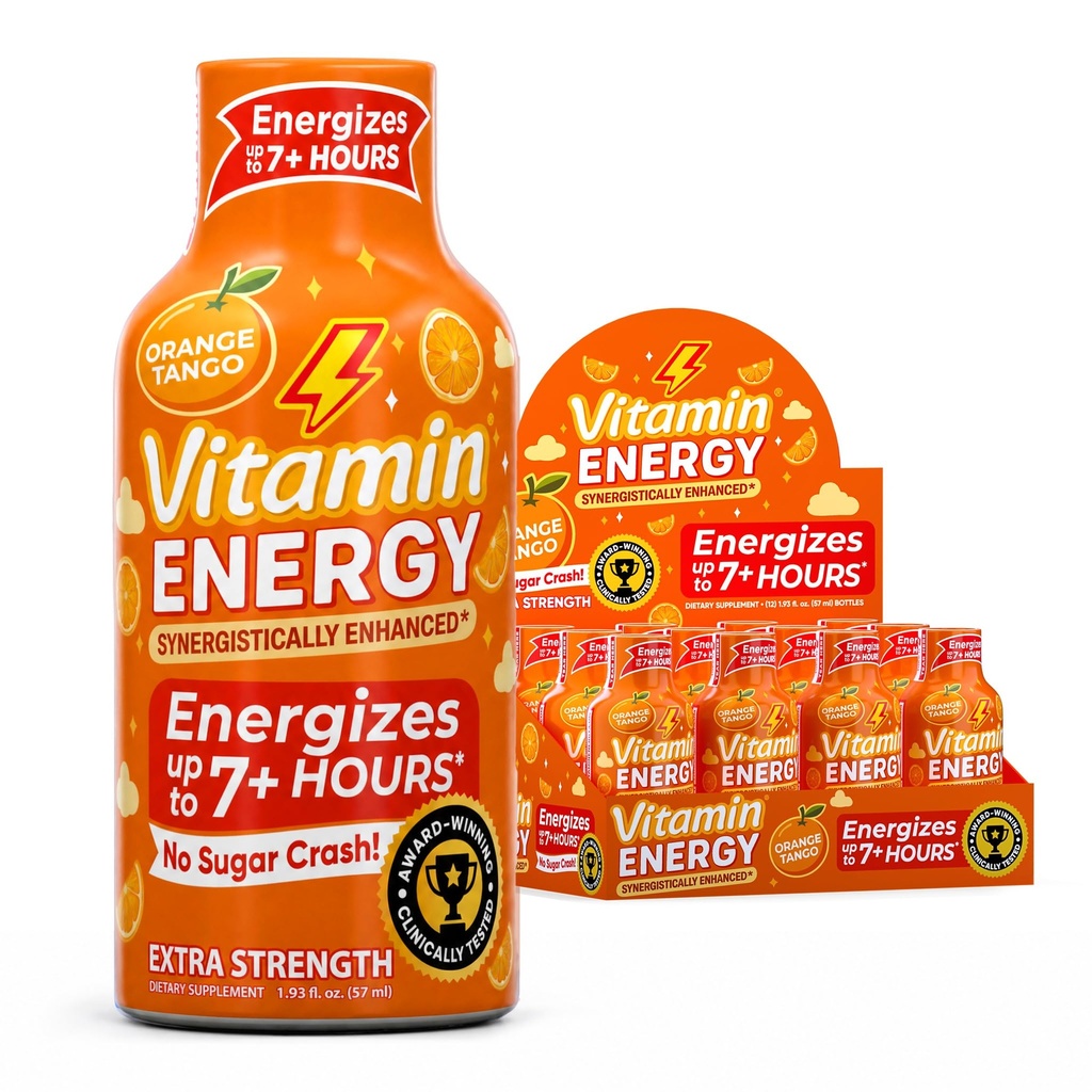 Vitamin Energy Orange Tango Extra Strength Energy Shot, 12 Pack - Up to 7 Hrs, 260mg Natural Caffeine, Zero Sugar - Green Tea Extract, Immune Support, B12 B6 Niacin, 1.93 fl oz, Keto Vegan