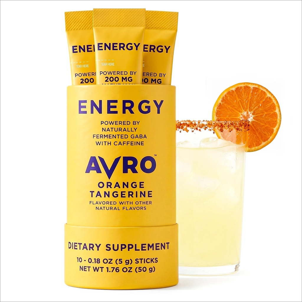 AVRO Energy Orange Tangerine Drink Mix with 200mg PharmaGABA, 10 Count | Energy & Focus Support, Zero Sugar, Vegan, Gluten Free, Dairy Free, Non-GMO, PharmaGABA 200mg + Natural Caffeine 120mg