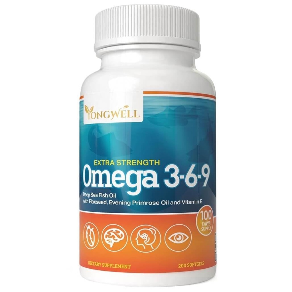 Triple Strength Omega 3-6-9 Fish Oil, Flaxseed & Evening Primrose Oil, 2000mg EPA & DHA (200 Softgels)
