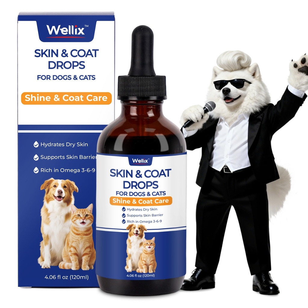Wellix 4 oz Skin & Coat Drops for Dogs & Cats for Itch&Allergy Relief | Liquid Omega 3-6-9 & Biotin Supplement for Dogs & Cats – Dog Fish Oil for Coat Defense & Reduces Shedding, Chicken Flavor