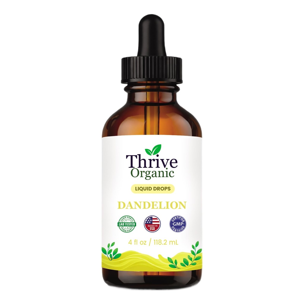 Thrive Organic Dandelion Root Extract Drops – All Natural Wellness Tincture – Vegan, Non-GMO, Alcohol & Sugar-Free – 3rd Party Lab Tested – Based in the USA – 4 fl oz