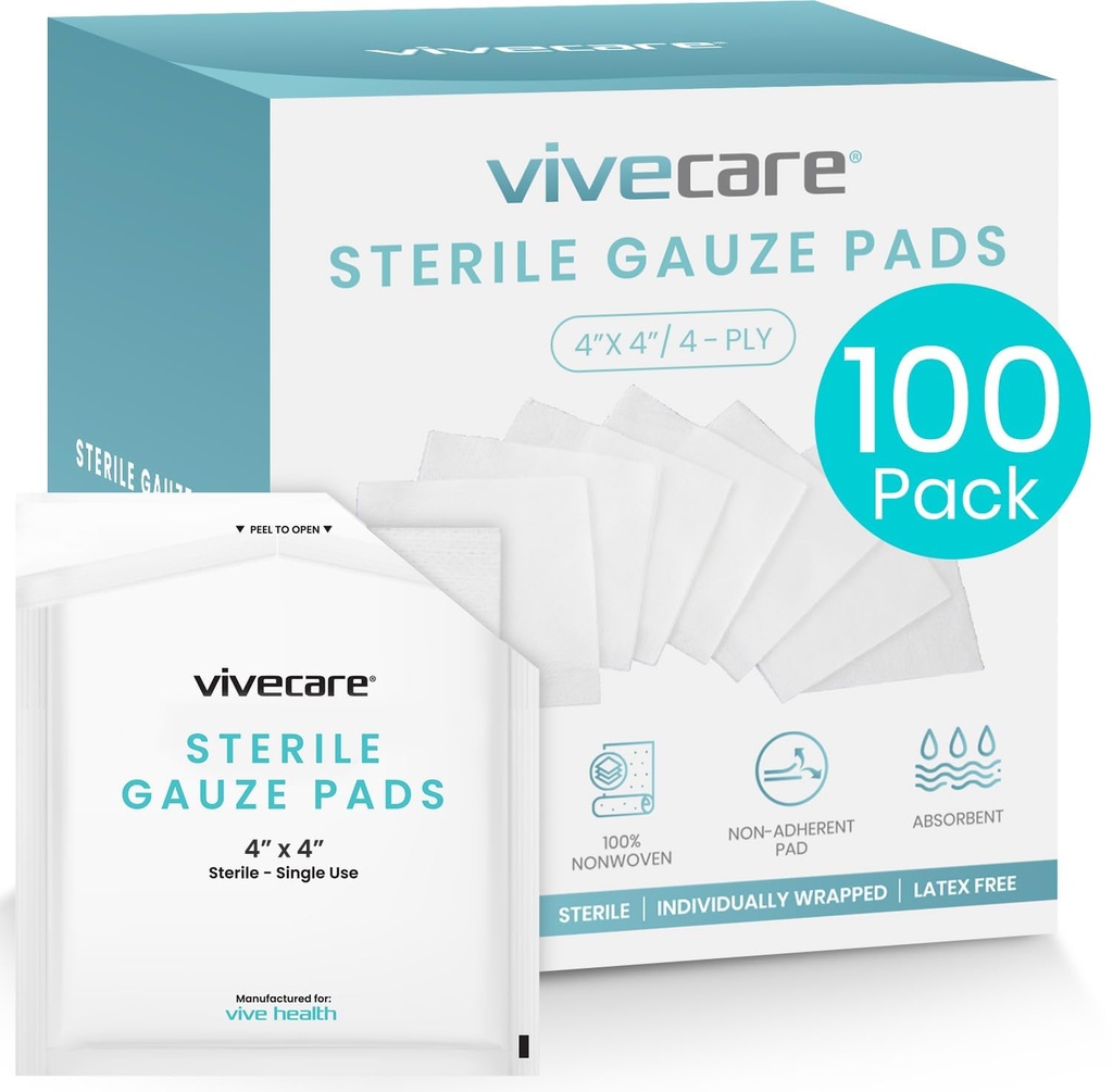 Vive Care 4x4 Sterile Gauze Pads (100pc) - Individually Wrapped 2-Pack | Wound Dressing for Cleaning & Cushioning - Non-Adhesive Highly Absorbent Bandages