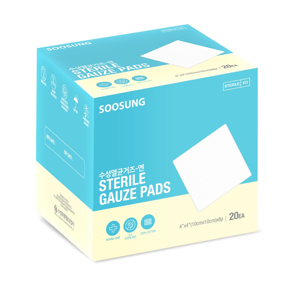 Sterile Gauze Pads 4x4 Inch (100 Count), 8-Ply Medical Grade Cotton, Individually Wrapped (20 Packs of 5), Highly Absorbent, Latex-Free Wound Dressing for Post-Surgical & Large Wounds – SOOSUNG