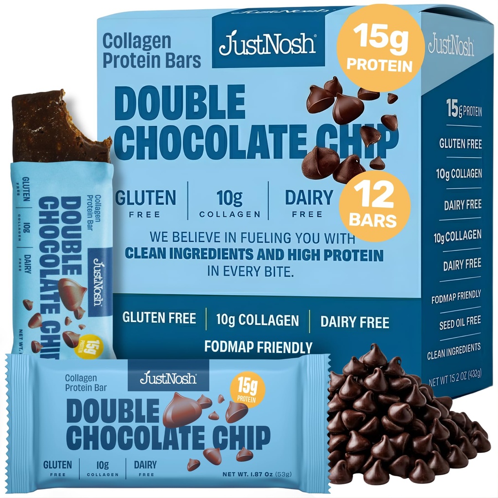 JUSTNOSH ​D​ouble Chocolate Chip Collagen Protein Bars – 15g Protein, 10g Collagen | Gluten & Dairy Free, Low FODMAP, Seed Oil Free (12 Pack)